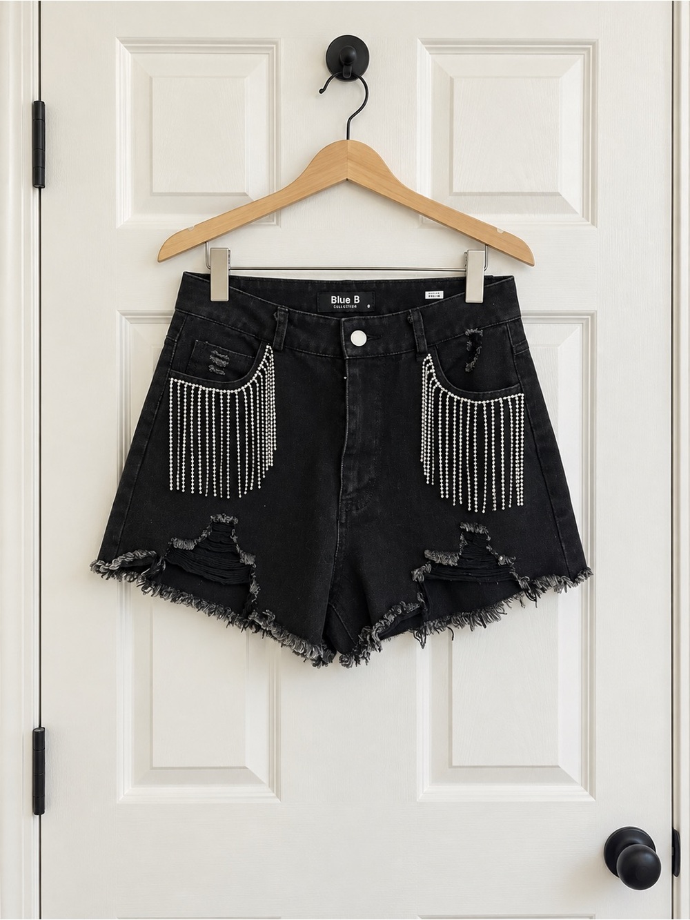 Blue B Collection Rhinestone Fringe Distressed Black Denim Shorts S